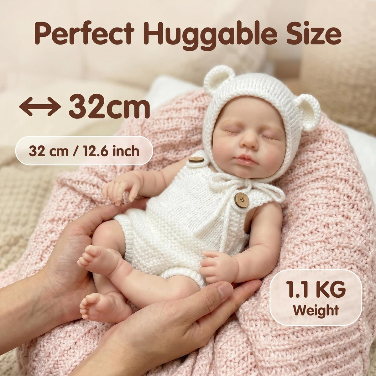 Muñeca de silicona sólida de 12 pulgadas, con conjunto de oso tejido a mano de género neutro, selección de regalo perfecta para baby shower, Acción de Gracias, Día de San Valentín y diversas celebraciones festivas