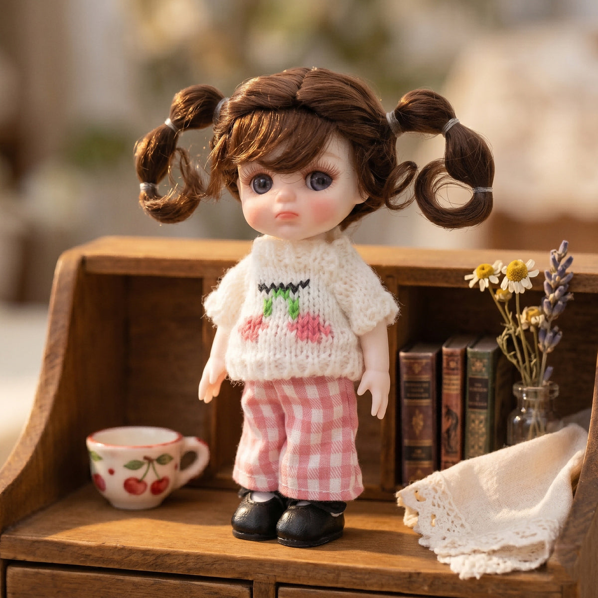 Mini muñeca de 6 pulgadas con cuerpo de cerámica, adorable conjunto de punto con cerezas y coletas, decoración de escritorio coleccionable, regalo