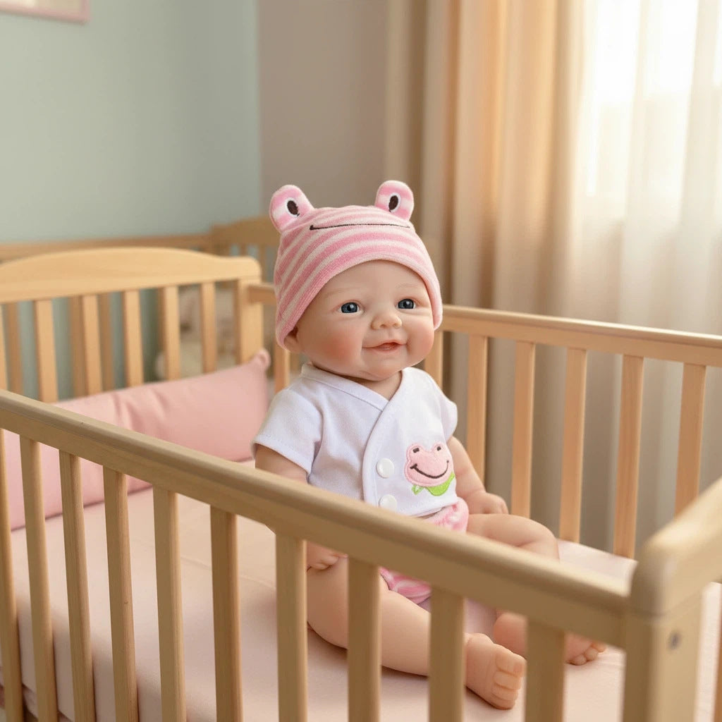 Muñeca reborn de silicona maciza de 12 pulgadas con gorro de rana rosa, muñeco de juguete de simulación como regalo