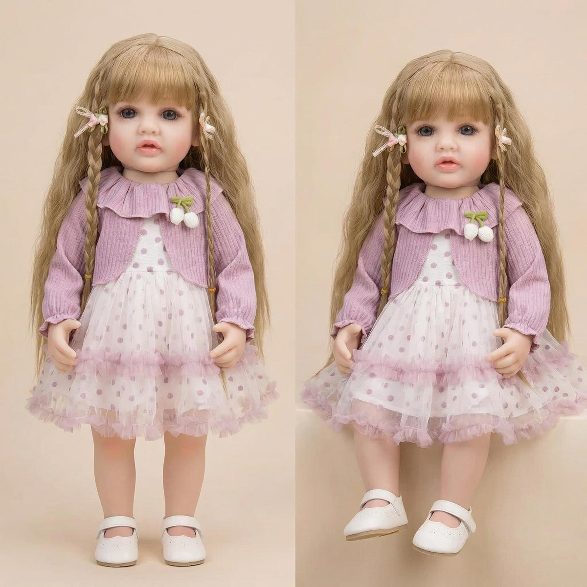 Muñeca reborn de vinilo suave de 22 pulgadas, de simulación, con chal de manga larga de color morado claro