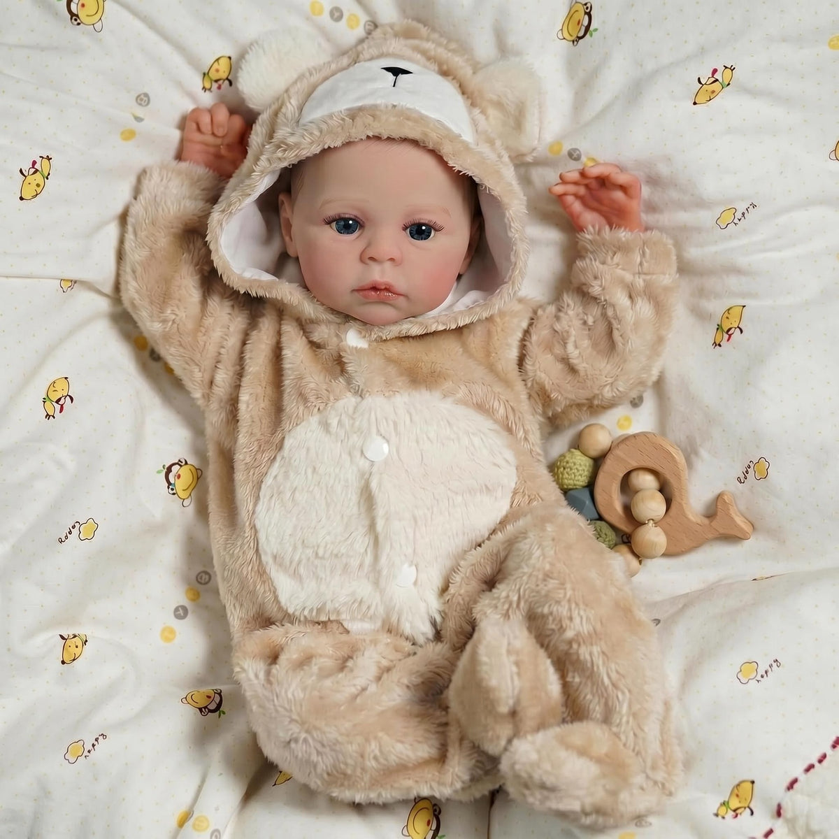 Muñeca bebé realista de ojos abiertos de 18 pulgadas con cuerpo de tela y mameluco con capucha de oso, juguete de compañía adecuado para decoración de guardería y regalos para toda ocasión.