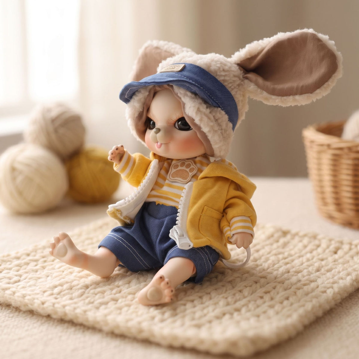 Muñeco bebé reborn de 10 pulgadas de un lindo animal con cuerpo de articulación esférica de cerámica completa y gorro de orejas esponjosas. Regalo de decoración coleccionable con atuendo.