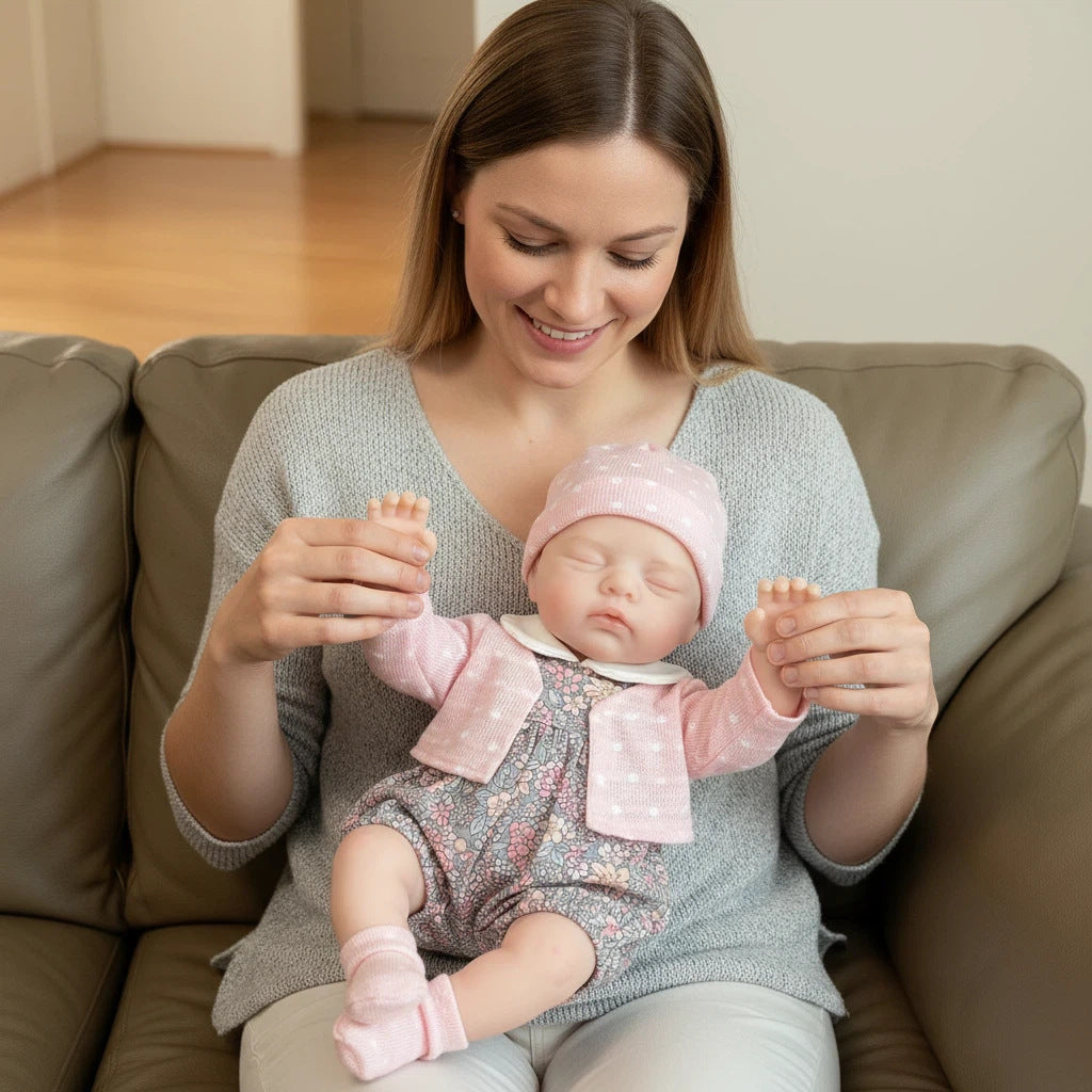 Muñeca reborn de silicona sólida de 12 pulgadas, muñeca de juguete de simulación con cárdigan pequeño de puntos blancos