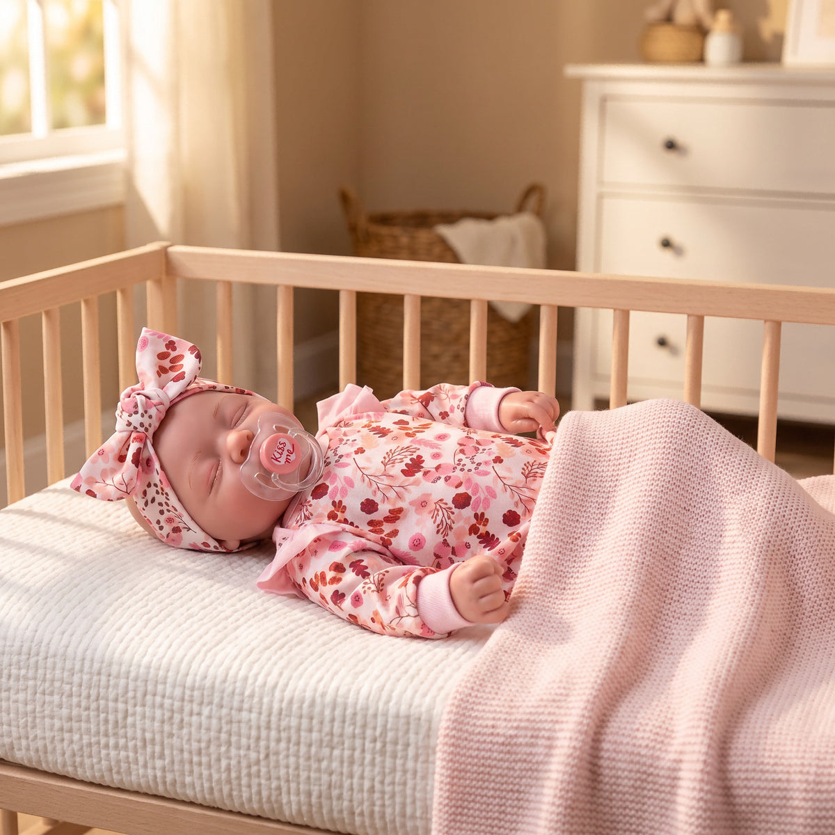 Muñeca Reborn de 19 pulgadas con cuerpo de tela, expresión dulce y sonriente, conjunto floral rosa, juguete de compañía para regalo en festivales