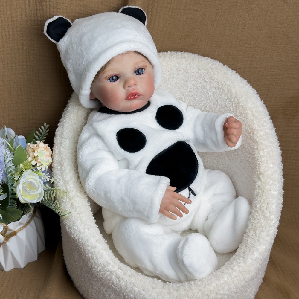 Muñeca bebé realista de vinilo completo de 18 pulgadas, enterizo de panda esponjoso, recuerdo atemporal para cumpleaños y temporadas de regalos navideños
