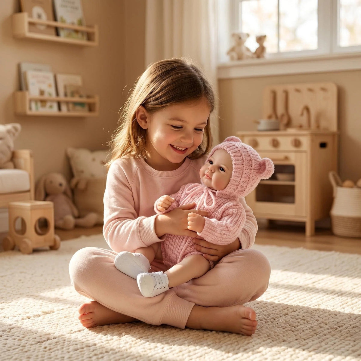 Muñeca bebé reborn de 19 pulgadas con cuerpo completo de vinilo, traje de punto rosa neutro, muñeca de simulación para guardería como regalo para niña