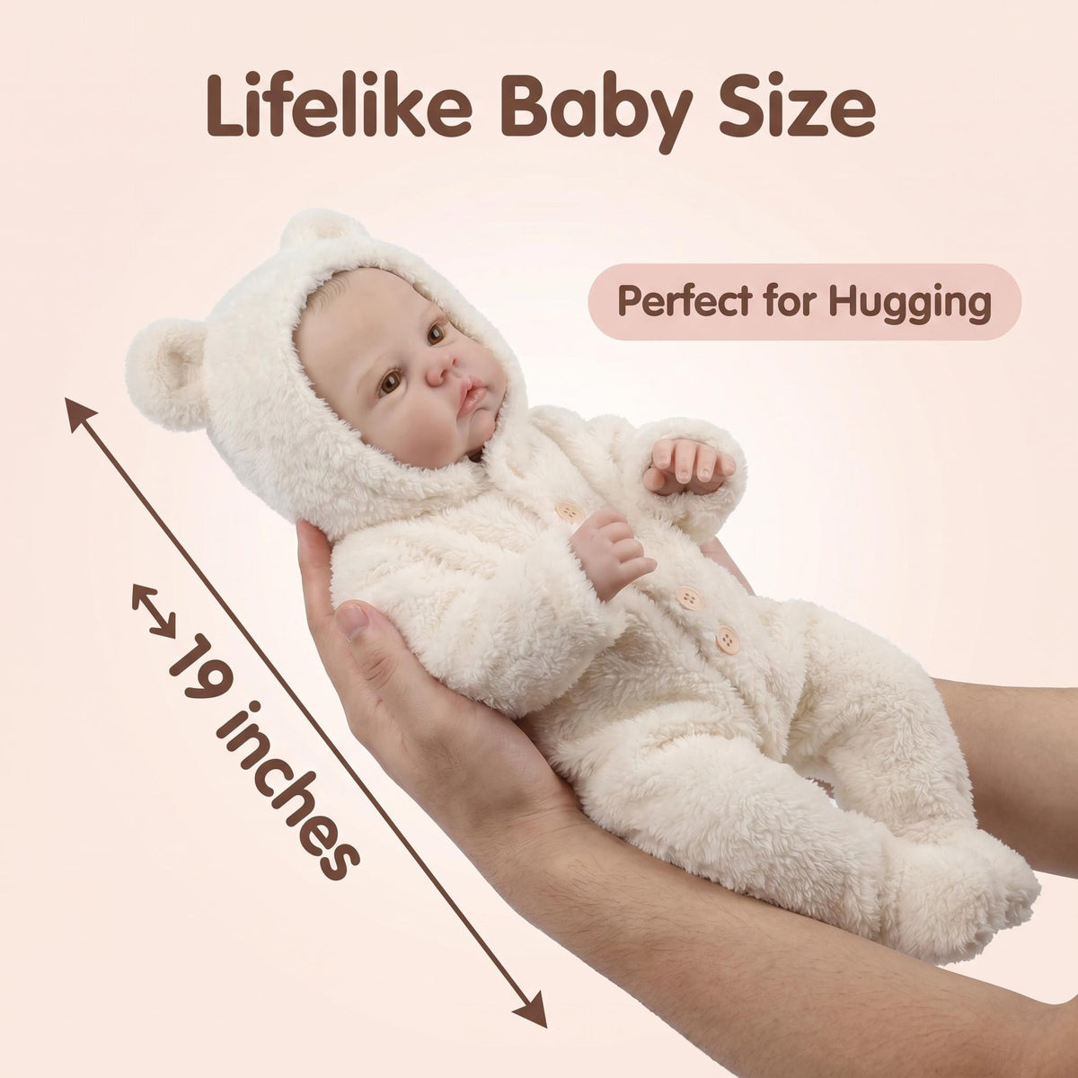 Muñeca bebé Reborn de 19 pulgadas con cuerpo de tela, despierta, con mono de felpa color crema con capucha de orejas de oso y pies, regalo ideal para cumpleaños, Navidad, juguete compañero adorable para niños y adultos coleccionistas de muñecas