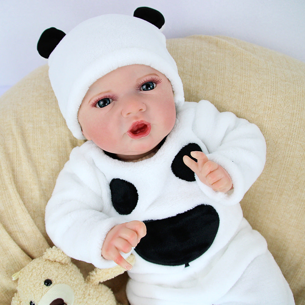 Muñeca bebé Reborn de 22 pulgadas con cuerpo de tela y ojos abiertos, adorable conjunto de peluche con temática de panda, ideal para cumpleaños y festividades