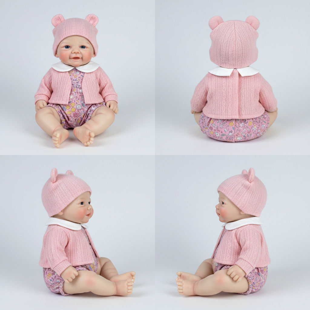 Muñeca reborn de silicona sólida de 12 pulgadas, chaqueta tipo cárdigan rosa, muñeca de juguete de simulación