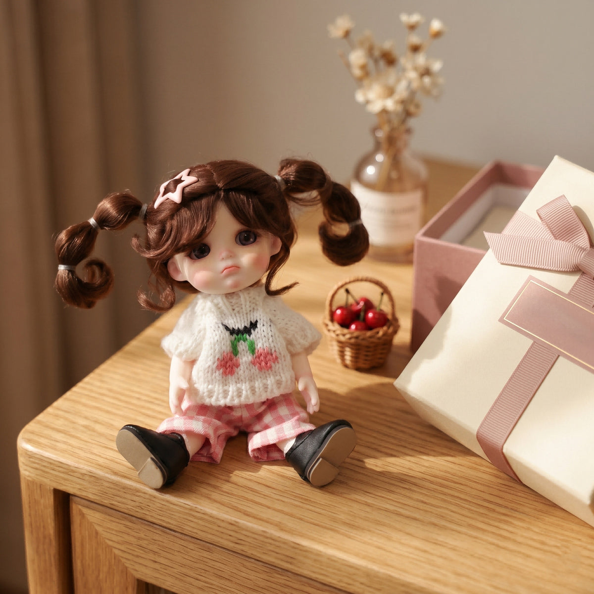 Mini muñeca de 6 pulgadas con cuerpo de cerámica, adorable conjunto de punto con cerezas y coletas, decoración de escritorio coleccionable, regalo