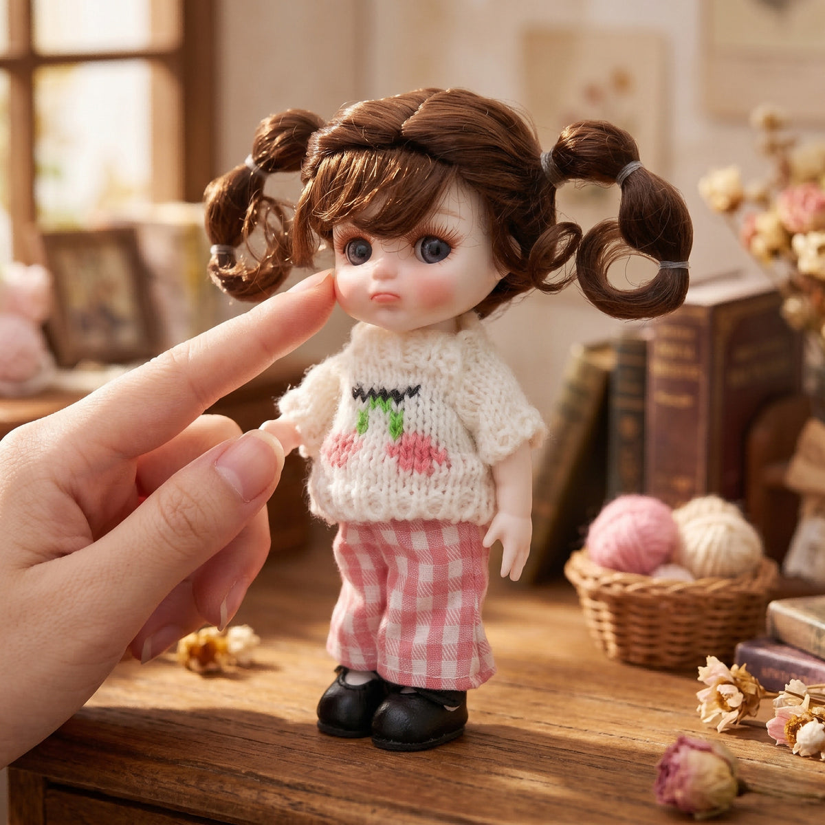 Mini muñeca de 6 pulgadas con cuerpo de cerámica, adorable conjunto de punto con cerezas y coletas, decoración de escritorio coleccionable, regalo