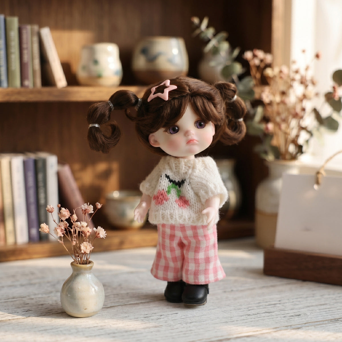 Mini muñeca de 6 pulgadas con cuerpo de cerámica, adorable conjunto de punto con cerezas y coletas, decoración de escritorio coleccionable, regalo