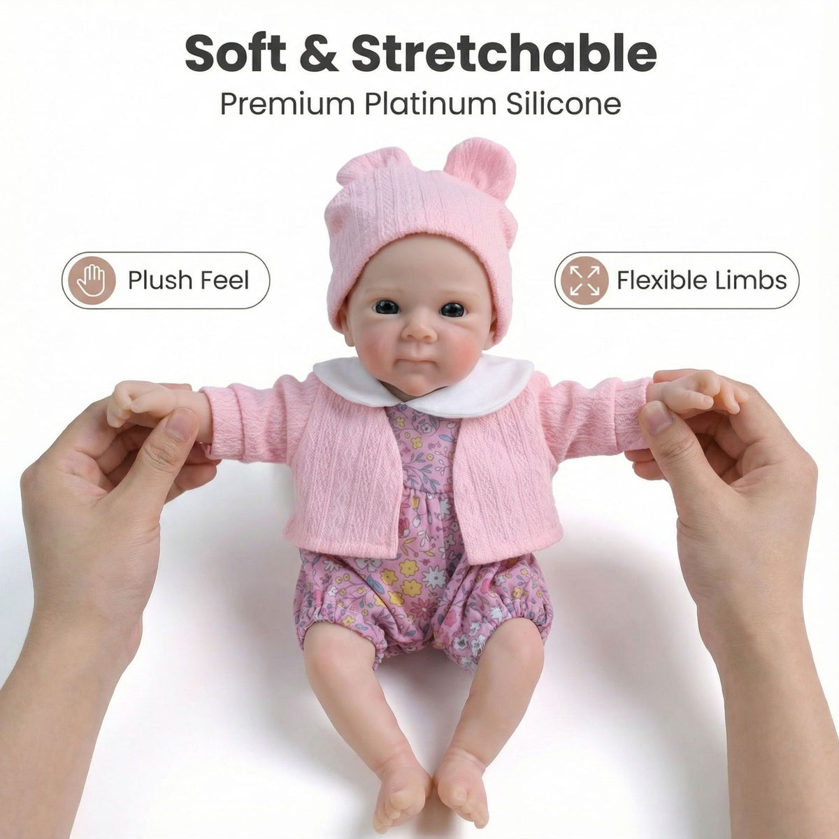 Muñeca reborn de silicona de 12 pulgadas con chaqueta rosa y estampado floral pequeño