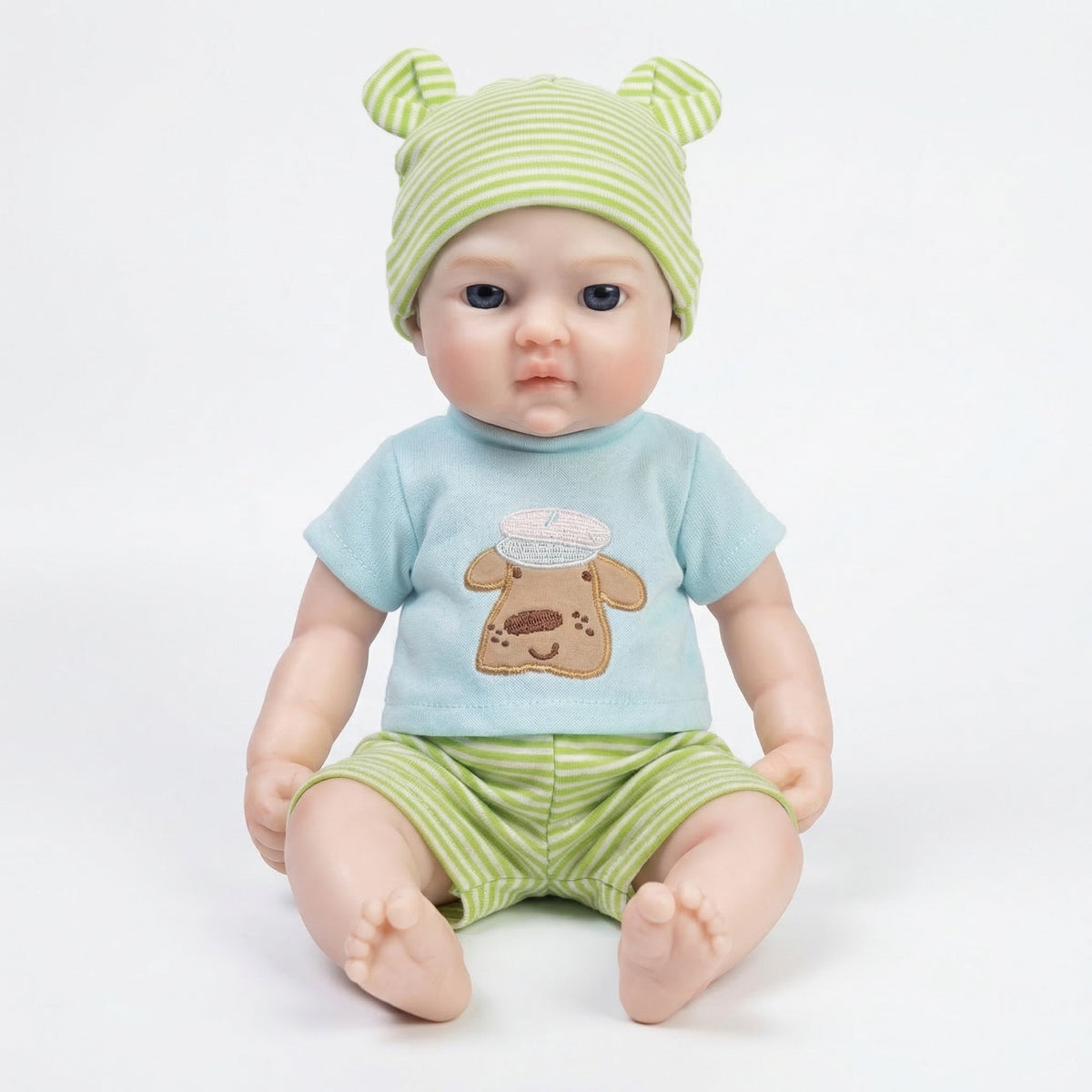 Muñeca reborn de silicona de 12 pulgadas con gorro de rayas verdes