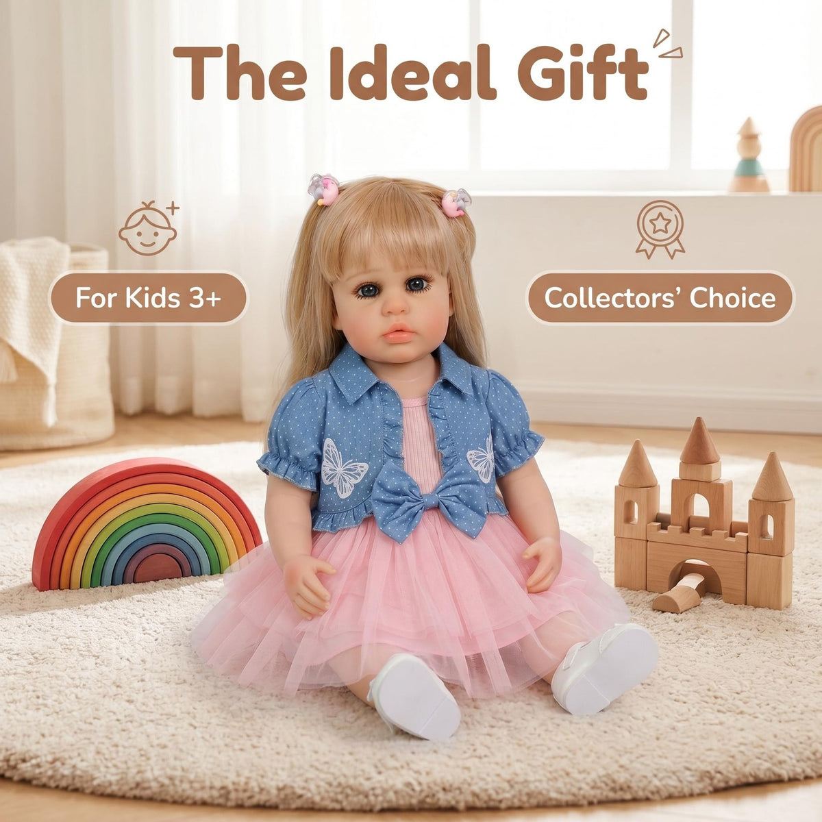 Muñeca Reborn realista de 22 pulgadas, cuerpo completo de vinilo, niña pequeña de pie con coletas rubias, conjunto de princesa, regalo festivo para niños y coleccionistas