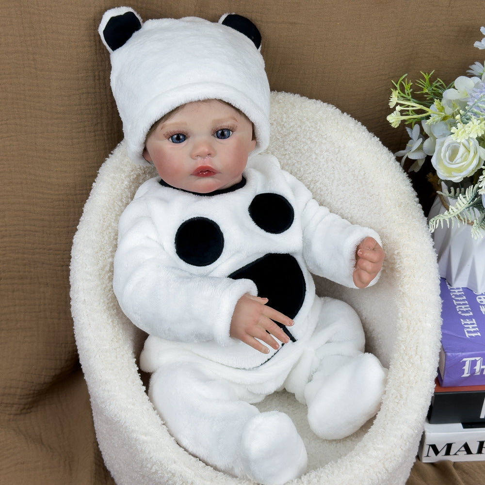 Muñeca bebé realista de vinilo completo de 18 pulgadas, enterizo de panda esponjoso, recuerdo atemporal para cumpleaños y temporadas de regalos navideños