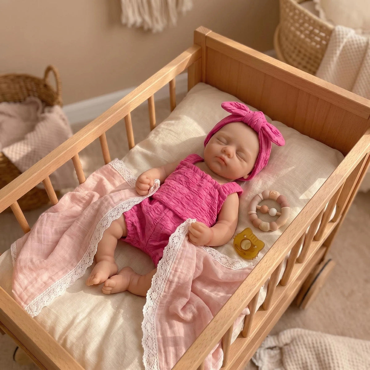 Muñeca Reborn de 12 pulgadas, bebé dormido de silicona completa, conjunto de burbuja rojo rosa, turbante con lazo grande, ojos cerrados, juguete coleccionable de recién nacido mini