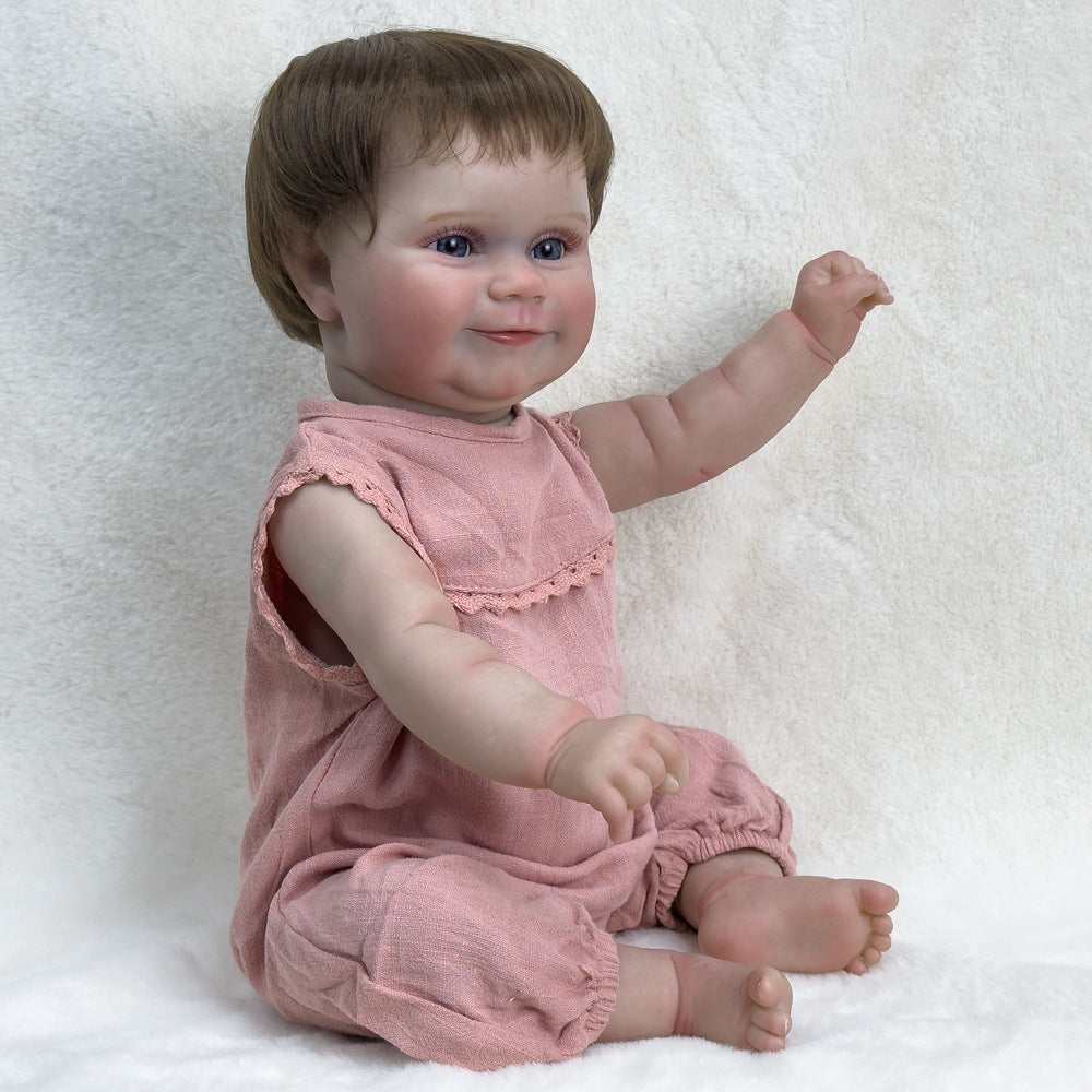 Muñeca coleccionable de vinilo de 20 pulgadas hiperrealista, cabello castaño corto y ojos azules brillantes, juguete de compañía para jugar y exhibir en casa