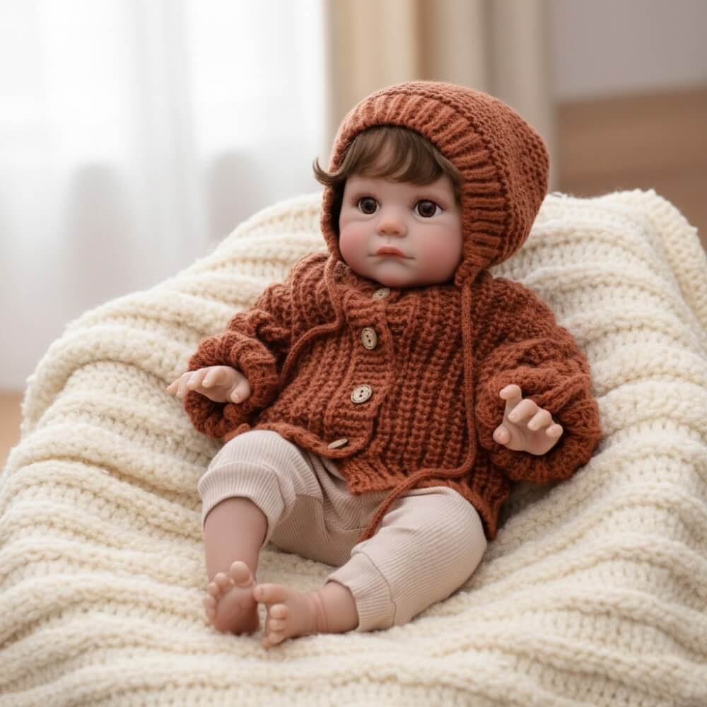 Muñeca bebé reborn de 24 pulgadas (60 cm) con cuerpo de tela, cabello implantado y apariencia humana realista.