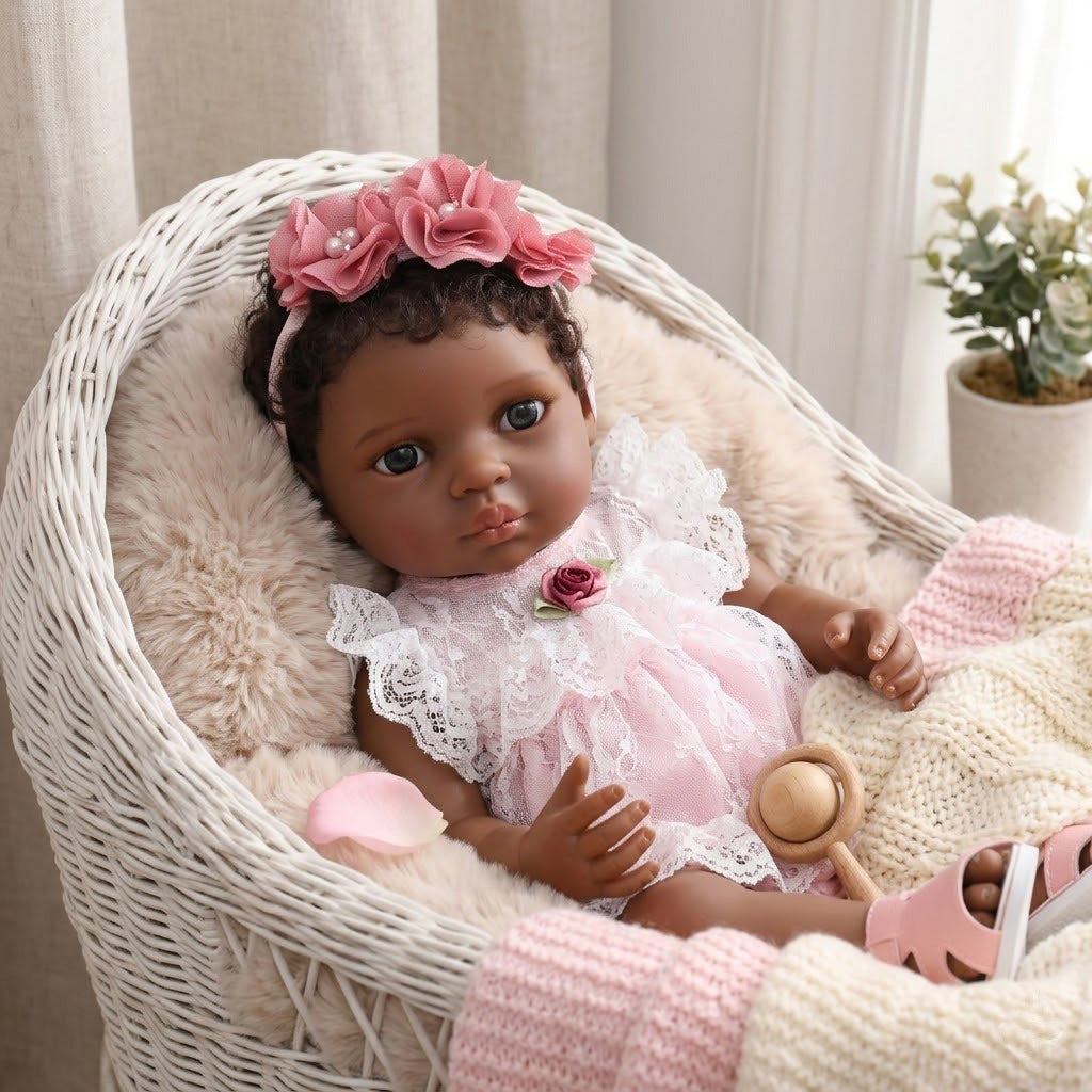 Muñeca bebé reborn negra de 50 cm, de piel negra, cuerpo completo de plástico, cabello injertado, muñeca africana para niña