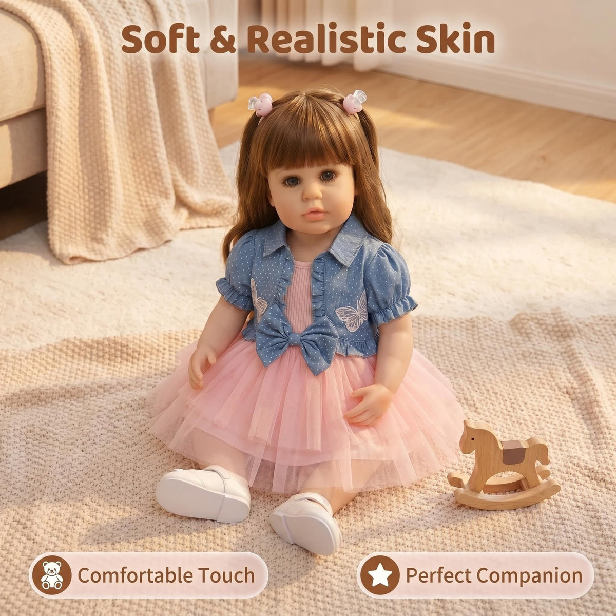 Muñeca Reborn de 22 pulgadas de aspecto realista, cuerpo completo de vinilo, niña pequeña de pie, vestido de tutú de malla, juguete de compañía para regalo de festividades