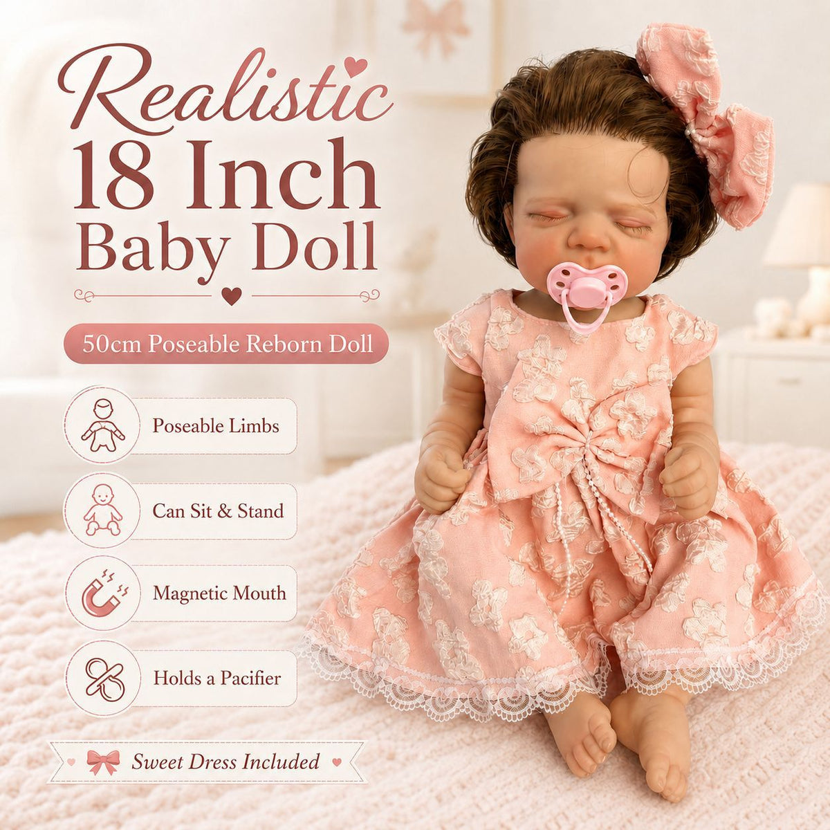 Muñeca realista de 18 pulgadas estilo Reborn, cuerpo completo de vinilo, extremidades flexibles, excelente regalo para celebraciones festivas y cumpleaños