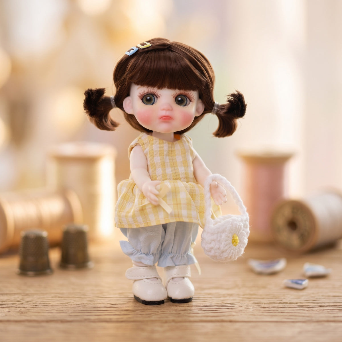 Mini muñeca de 6 pulgadas con cuerpo de cerámica, coletas adorables y traje de cuadros vichy amarillo, decoración de escritorio coleccionable, regalo