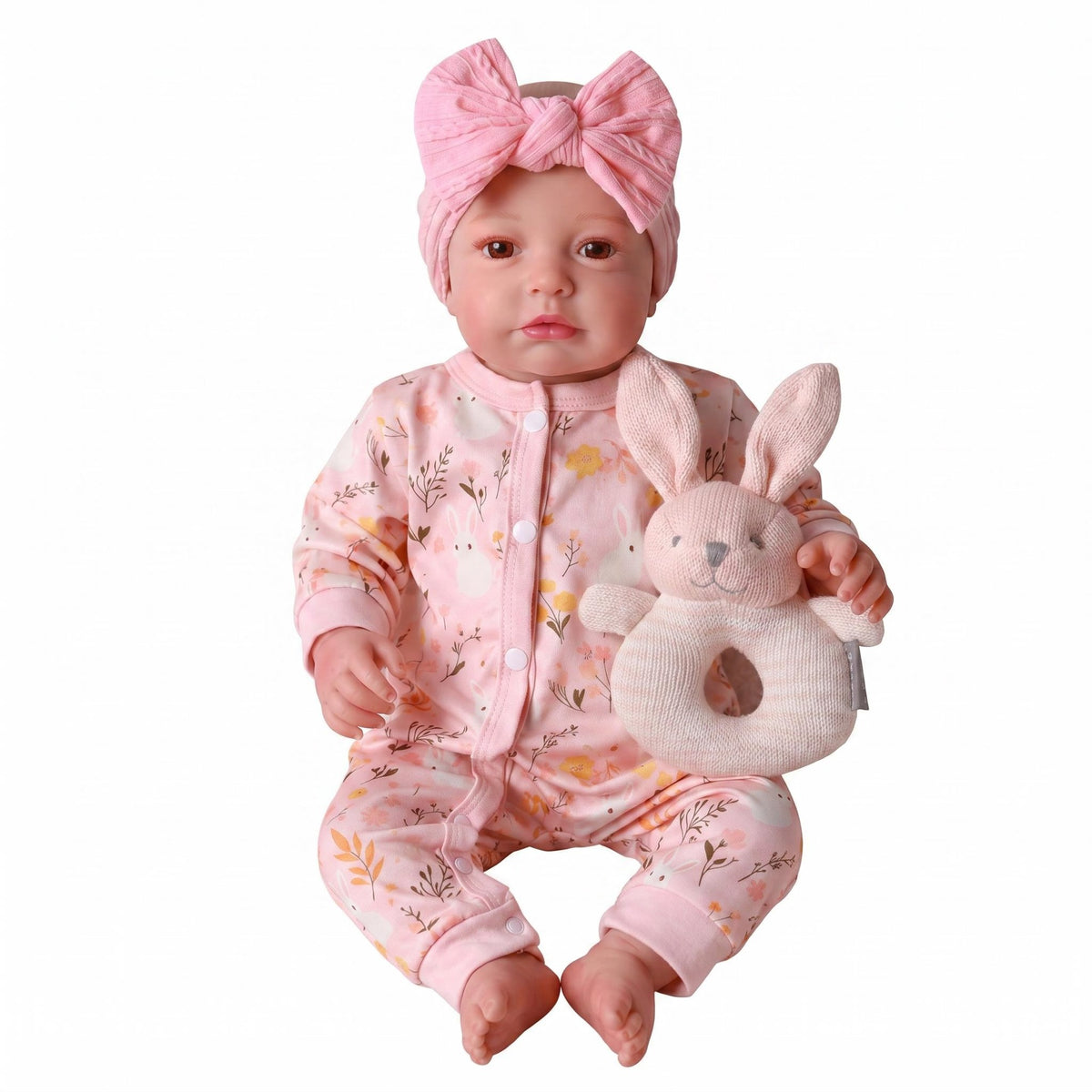 Muñeca Reborn de 19 pulgadas de tacto suave con cuerpo de vinilo completo, con un conjunto completo de adorable enterizo con cremallera y estampado de conejo floral, ideal para juegos de simulación y decoración de interiores