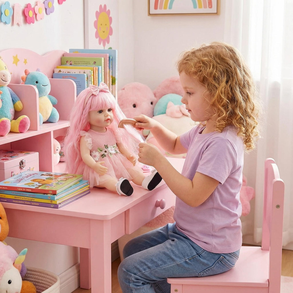 Muñeca Reborn de vinilo de cuerpo completo Betty de 22 pulgadas, niña realista con cabello rizado rosa, piel 3D realista con venas visibles, muñeca hecha a mano