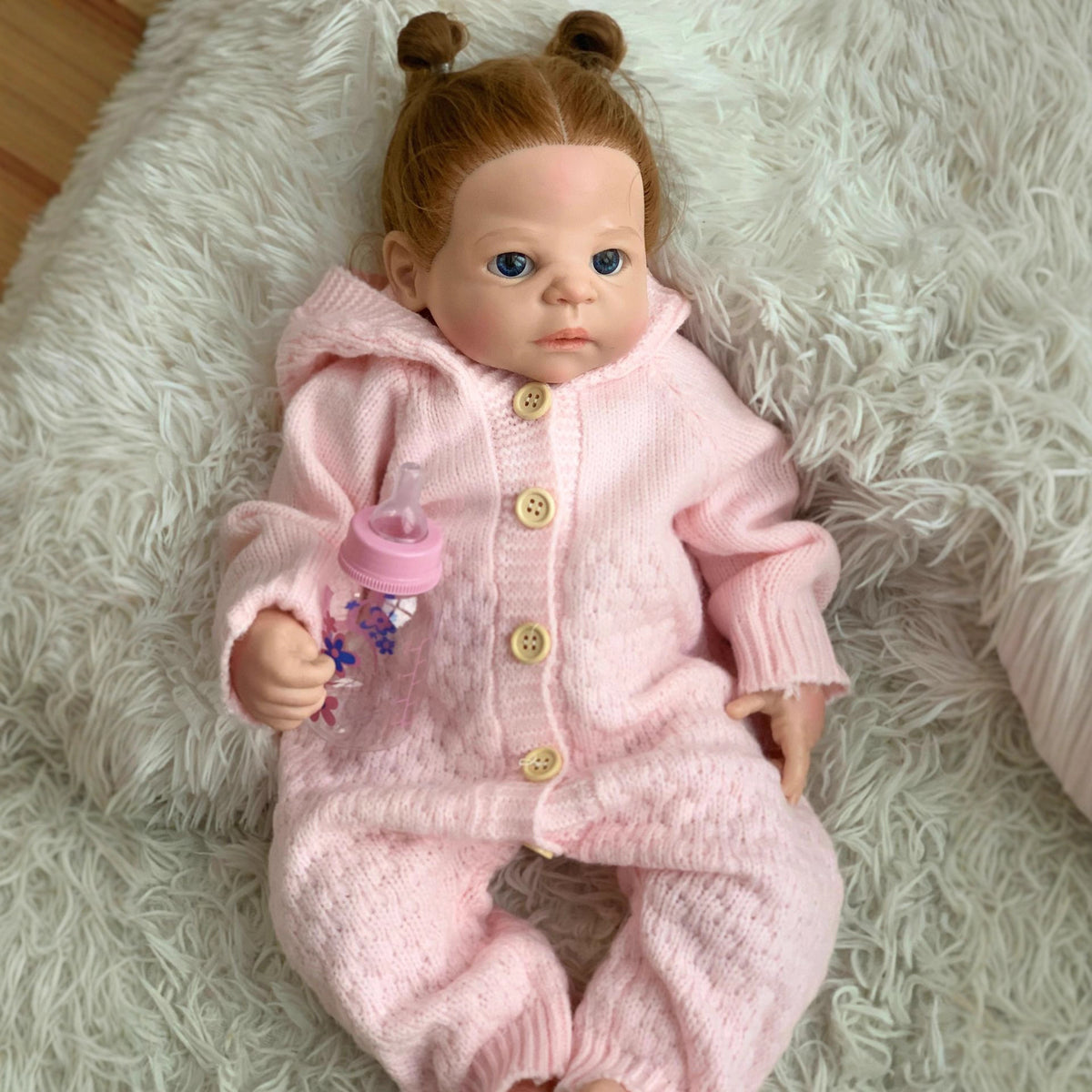 Muñeca Reborn de silicona sólida de 22 pulgadas, realista, recién nacida, con conjunto de punto rosa y biberón, juguete para niña, regalo de colección
