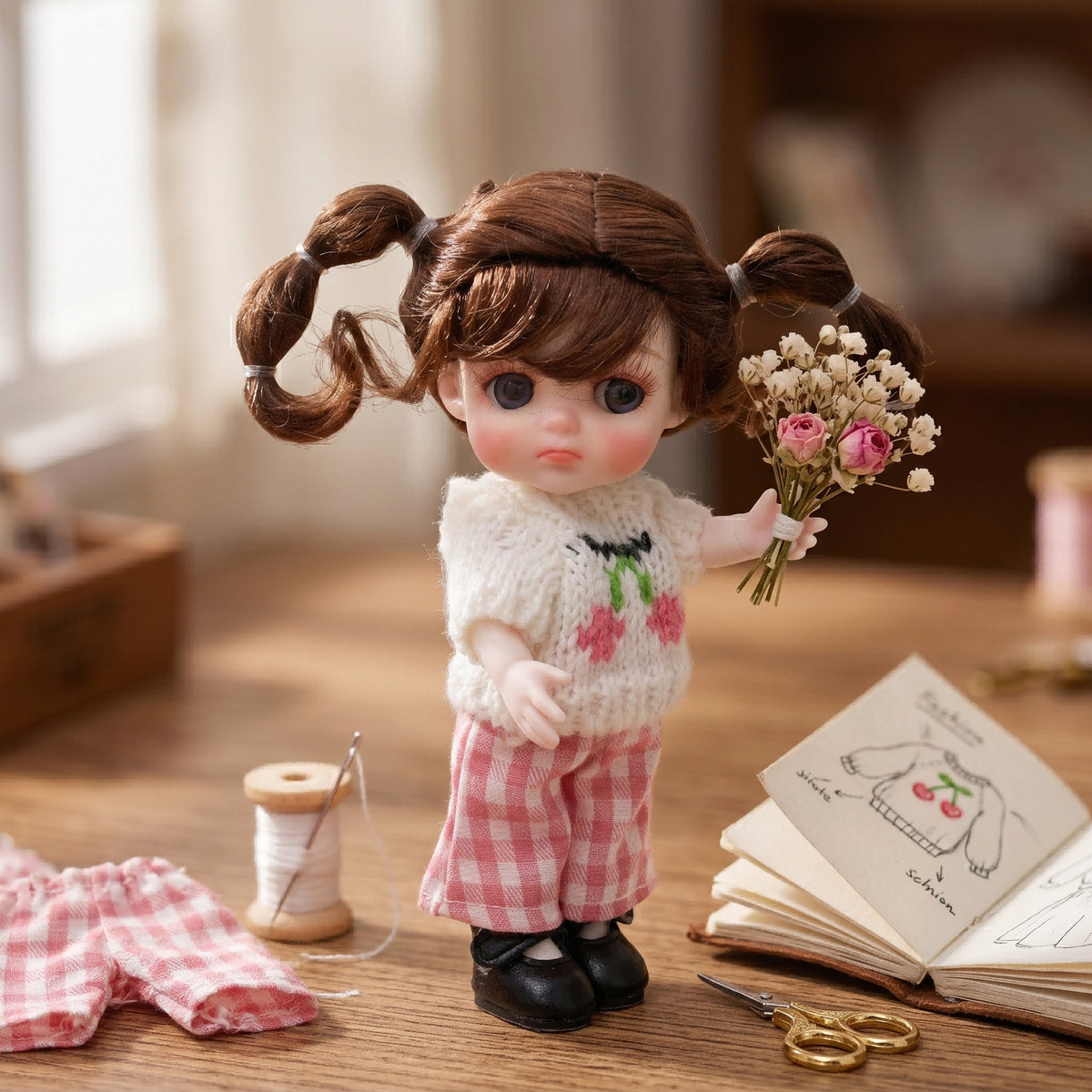 Mini muñeca de 6 pulgadas con cuerpo de cerámica, adorable conjunto de punto con cerezas y coletas, decoración de escritorio coleccionable, regalo