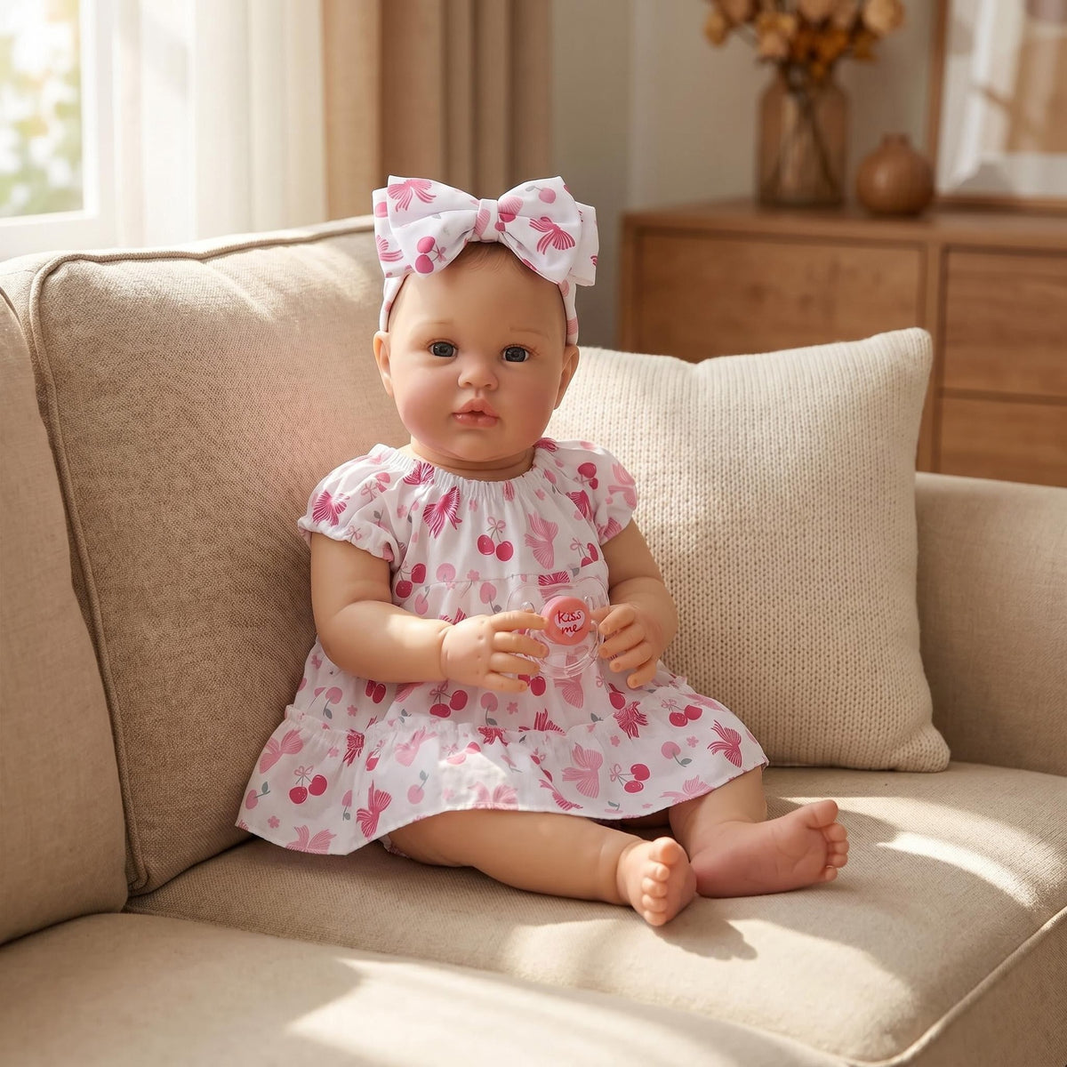 Muñeca bebé Reborn realista de 22 pulgadas con cuerpo de tela, vestido con estampado de cerezas, compañera relajante para regalos navideños