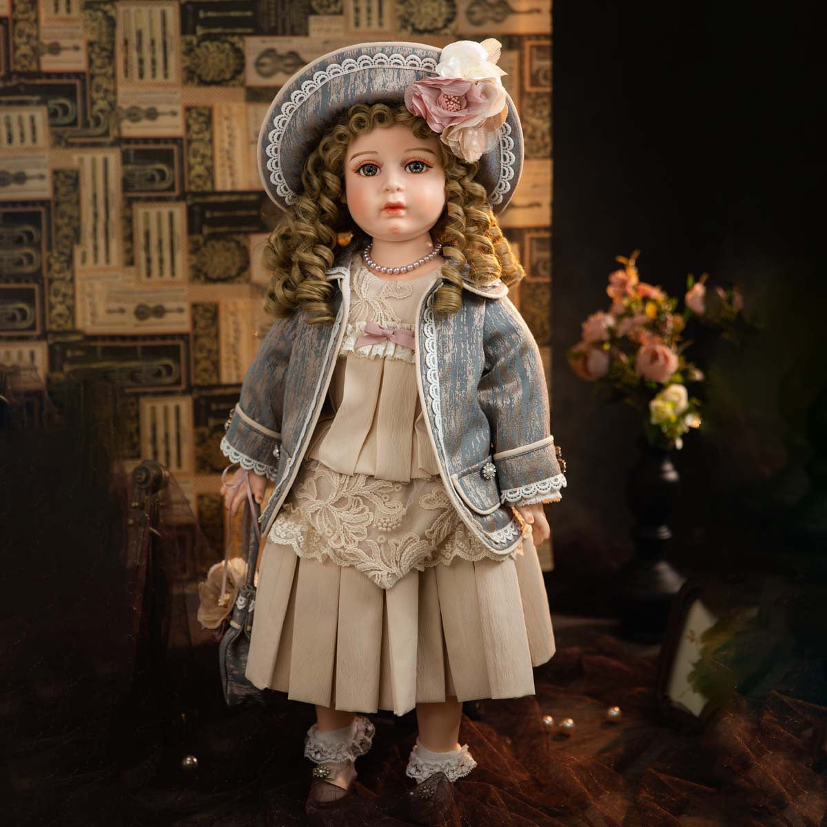 Muñeca antigua de porcelana bizcocho de 26 pulgadas con un atuendo espléndido