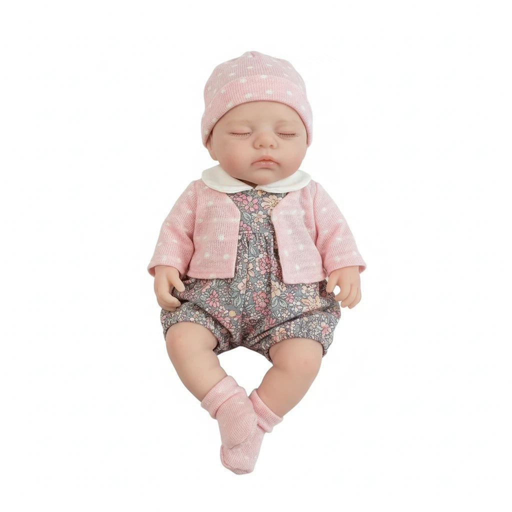 Muñeca reborn de silicona sólida de 12 pulgadas, muñeca de juguete de simulación con cárdigan pequeño de puntos blancos