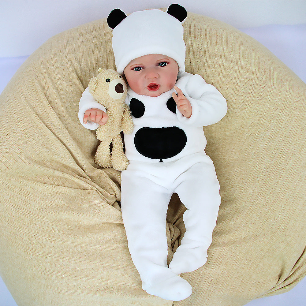 Muñeca bebé Reborn de 22 pulgadas con cuerpo de tela y ojos abiertos, adorable conjunto de peluche con temática de panda, ideal para cumpleaños y festividades