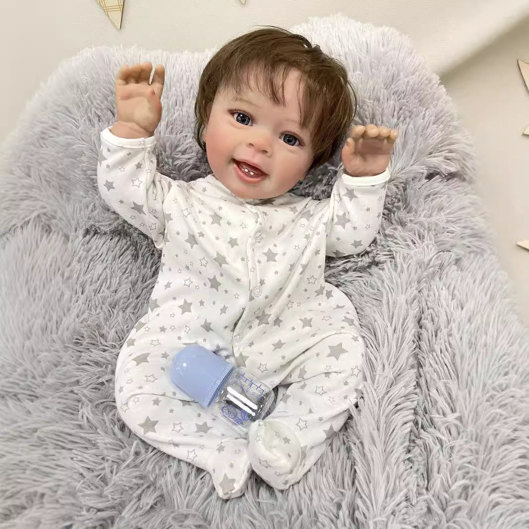 Muñeca Reborn hecha a mano de 23 pulgadas, realista, con cuerpo de tela, piel 3D simulada, muñeca de bebé recién nacido, juguete para niñas y niños