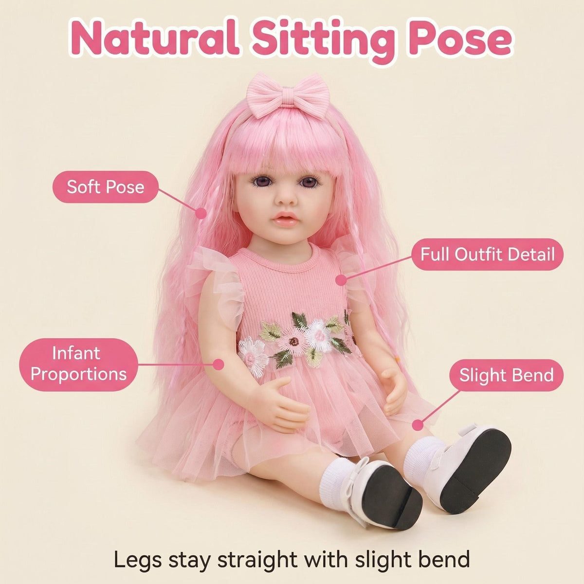 Muñeca Reborn de vinilo de cuerpo completo Betty de 22 pulgadas, niña realista con cabello rizado rosa, piel 3D realista con venas visibles, muñeca hecha a mano