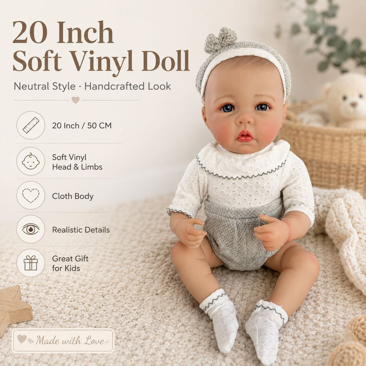 Muñeca de 20 pulgadas con cuerpo completo de vinilo suave, una excelente opción de regalo para cumpleaños y festividades.
