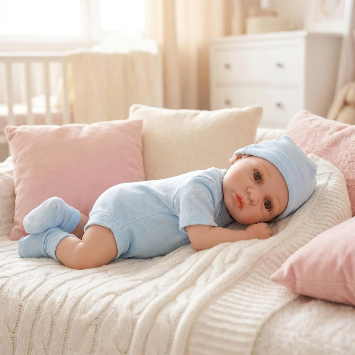 Muñeca Reborn de vinilo completo de 12 pulgadas con estilo clásico y sencillo para recién nacido, conjunto de ropa azul claro, juguete de colección de tamaño bolsillo