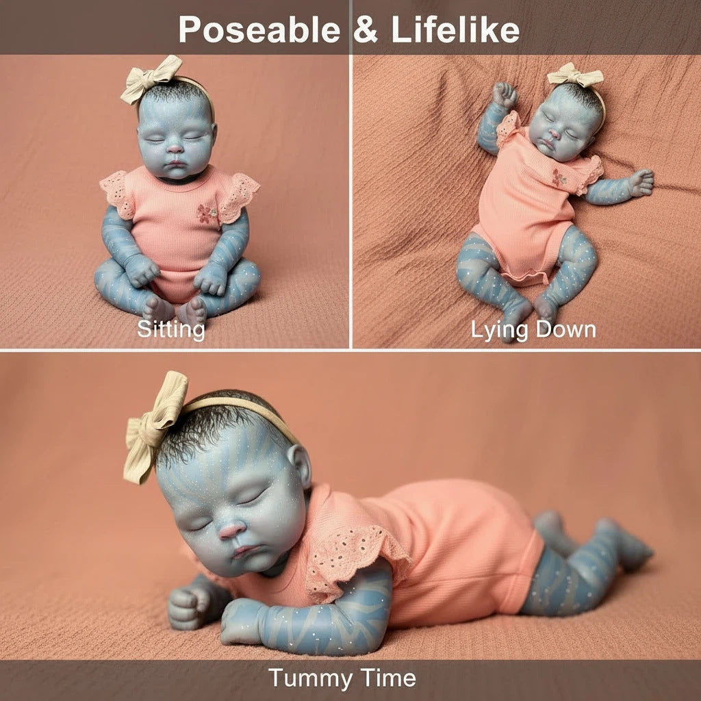 Muñeca reborn de 19 pulgadas, bebé de gama alta cuidadosamente pintado a mano al "estilo Avatar" con su icónico tono de piel y patrón de estrellas.