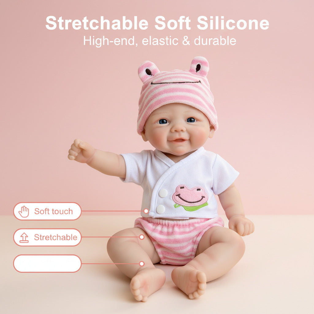 Muñeca reborn de silicona maciza de 12 pulgadas con gorro de rana rosa, muñeco de juguete de simulación como regalo