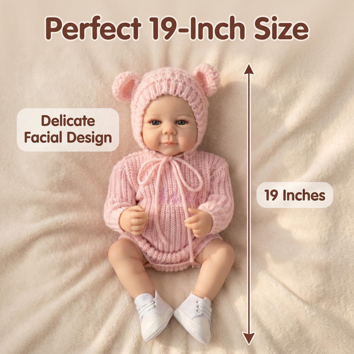 Muñeca bebé reborn de 19 pulgadas con cuerpo completo de vinilo, traje de punto rosa neutro, muñeca de simulación para guardería como regalo para niña