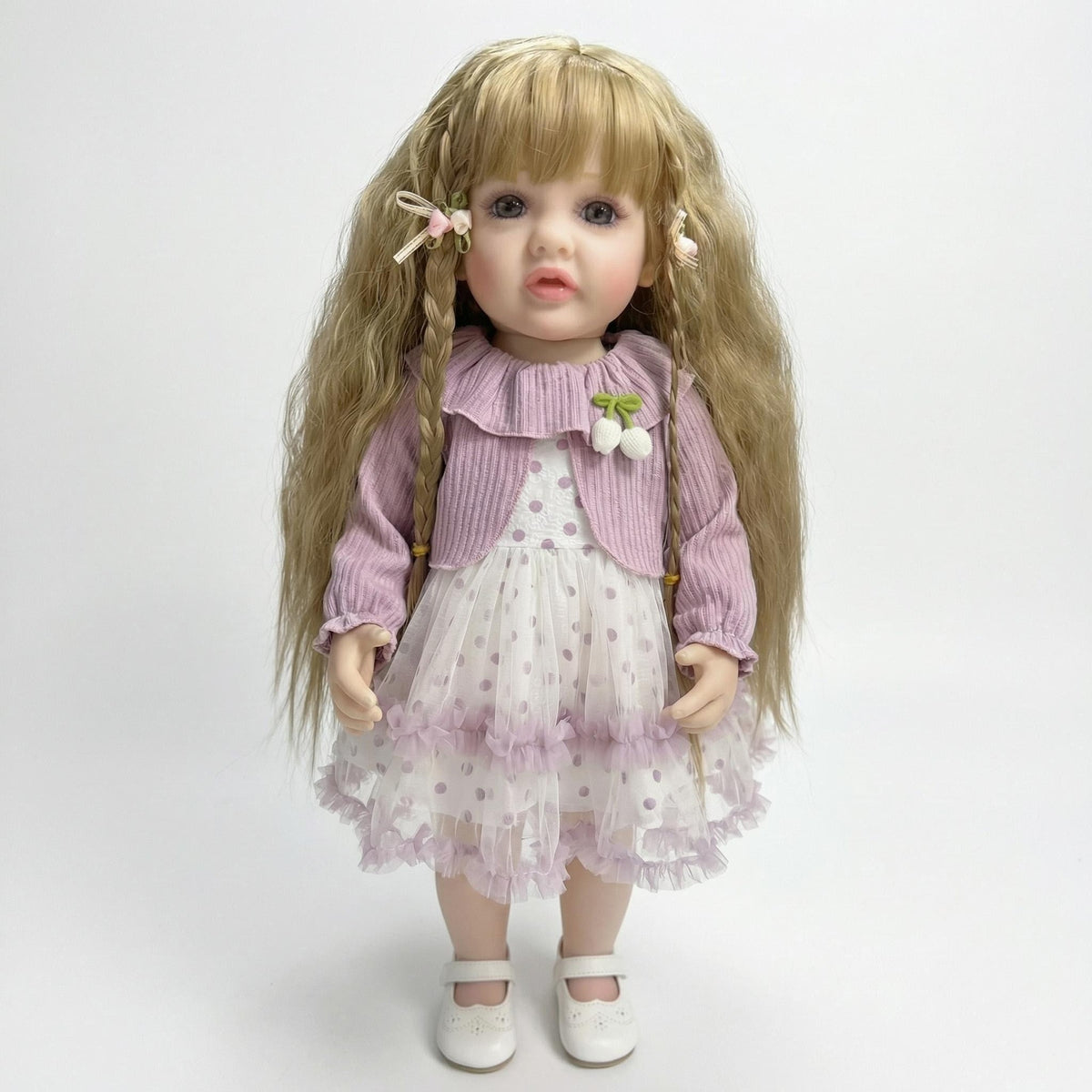 Muñeca reborn de vinilo suave de 22 pulgadas, de simulación, con chal de manga larga de color morado claro