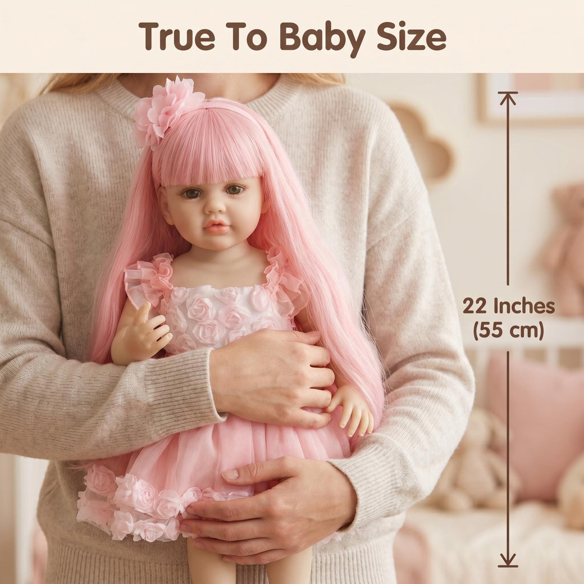Muñeca Reborn de cuerpo completo de vinilo de 22 pulgadas, niña de cabello largo rosa, maravilloso regalo para baby shower y toda ocasión