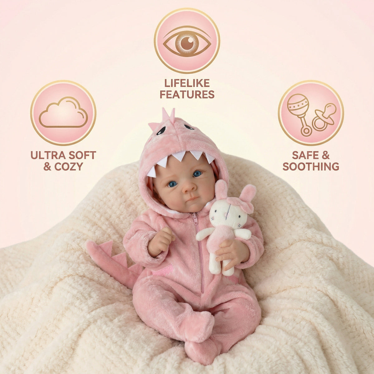 Muñeca reborn de vinilo completo Bettie de 18 pulgadas con mono de dinosaurio rosa