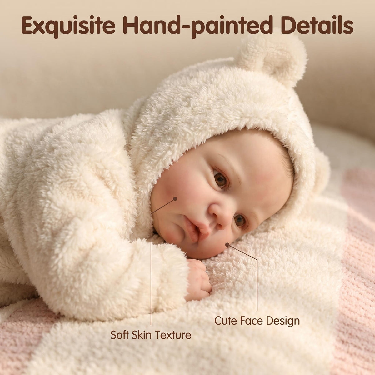 Muñeca bebé Reborn de 19 pulgadas con cuerpo de tela, despierta, con mono de felpa color crema con capucha de orejas de oso y pies, regalo ideal para cumpleaños, Navidad, juguete compañero adorable para niños y adultos coleccionistas de muñecas