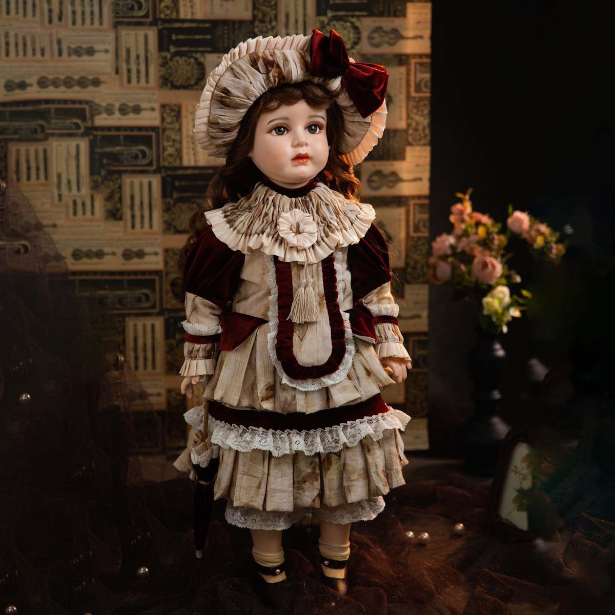 Muñeca real vintage estilo sopa de cerámica de 26 pulgadas, cuerpo de tela, regalo de alta gama, coleccionable, adorno decorativo.