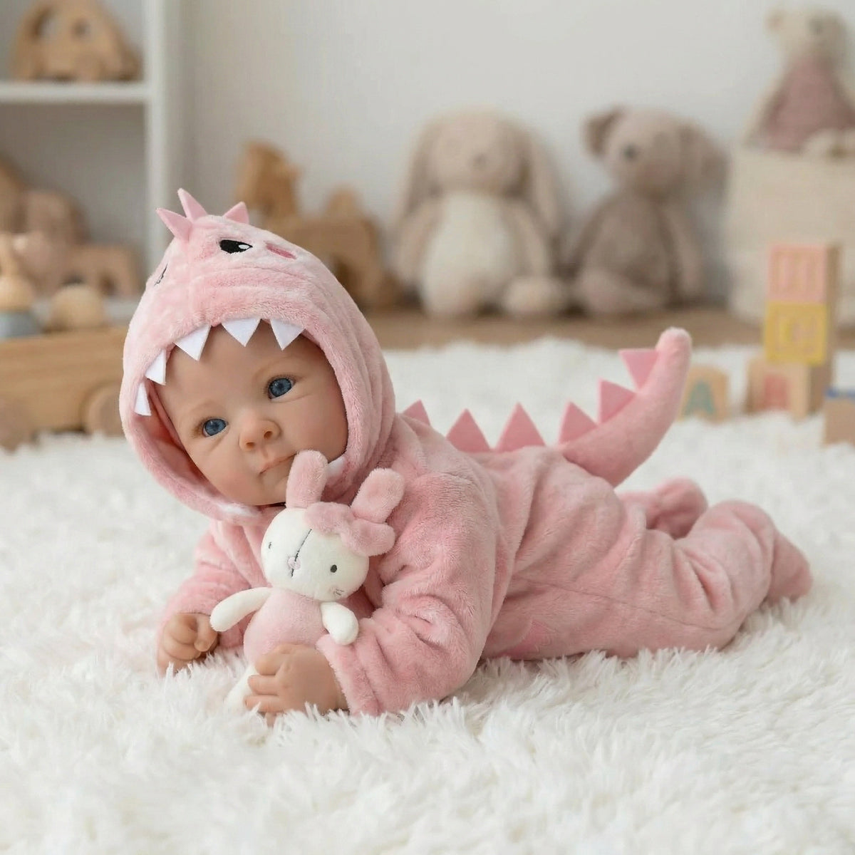 Muñeca reborn de vinilo completo Bettie de 18 pulgadas con mono de dinosaurio rosa