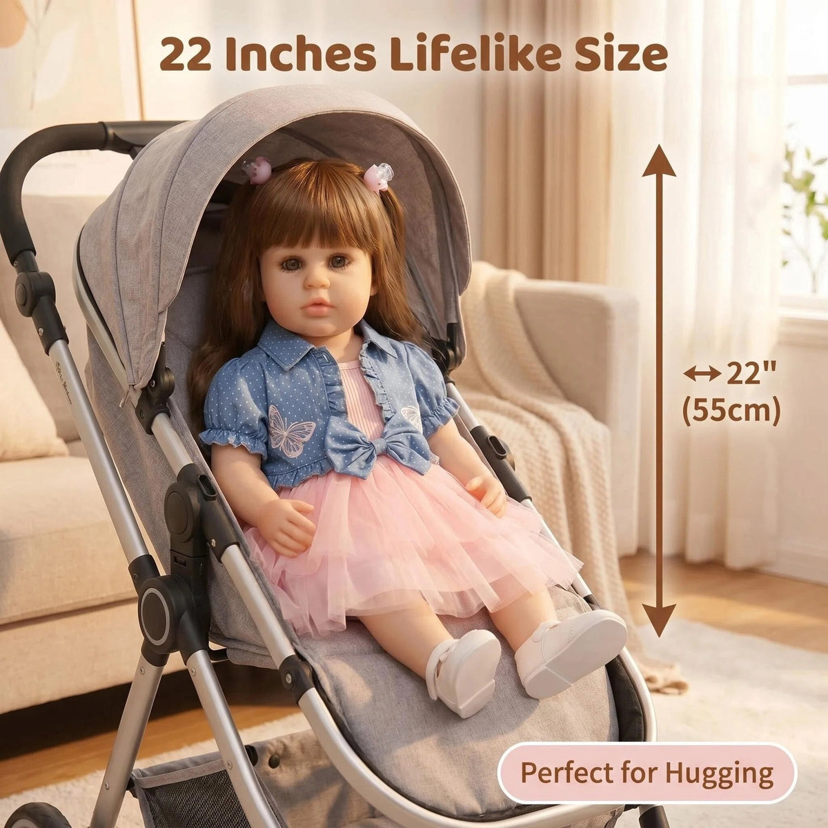 Muñeca Reborn de 22 pulgadas de aspecto realista, cuerpo completo de vinilo, niña pequeña de pie, vestido de tutú de malla, juguete de compañía para regalo de festividades