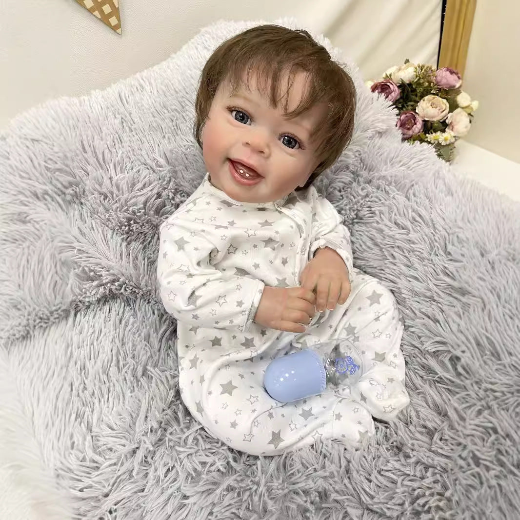 Muñeca Reborn hecha a mano de 23 pulgadas, realista, con cuerpo de tela, piel 3D simulada, muñeca de bebé recién nacido, juguete para niñas y niños